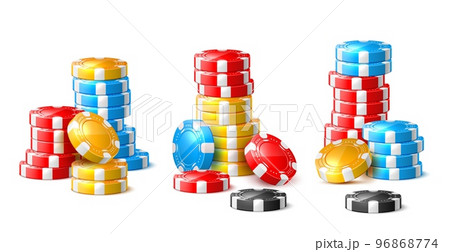 Realistic chips stacks. Colored round game tokens pile different colors elements, poker gambling, roulette, betting accessories, 3d isolated playing objects, utter vector set 96868774