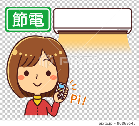 A woman who adjusts the temperature of the air conditioner, power saving, illustration material A woman who adjusts the temperature of the air conditioner, power saving, illustration material 96869543