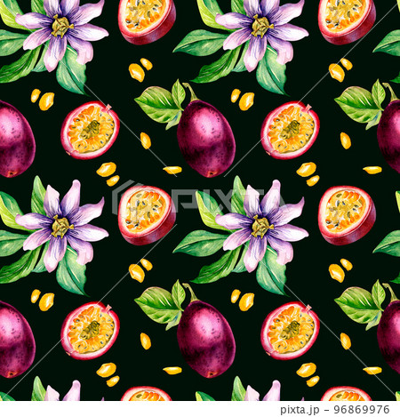 Purple passion fruit and splash juice watercolor seamless pattern isolated on dark. 96869976