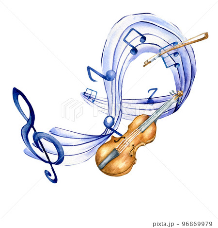 Treble clef, musical notes and fiddle watercolor illustration on white. 96869979