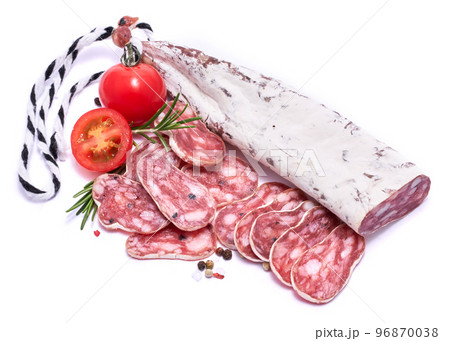 Spanish Fuet thin dried salami sausage isolated on a white background 96870038