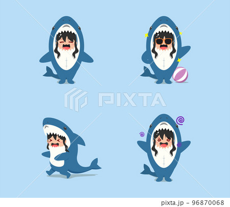 little girl wearing a shark costume character running, puzzled, and happy isolated on a beach background. little girl wearing a shark costume character set emoticon illustration 96870068