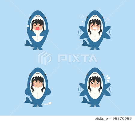 little girl wearing a shark costume character yawns, irritated, annoyed, and whistling isolated on a beach background. little girl wearing a shark costume character set emoticon illustration little girl wearing a shark costume character yawns, irritated, annoyed, and whistling isolated on a beach background. little girl wearing a shark costume character set emoticon illustration 96870069