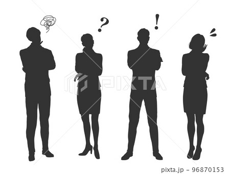 悩む 困る 考える ひらめくビジネスマン男性 疑問 焦るOL女性  男女会社員のシルエットセット 96870153