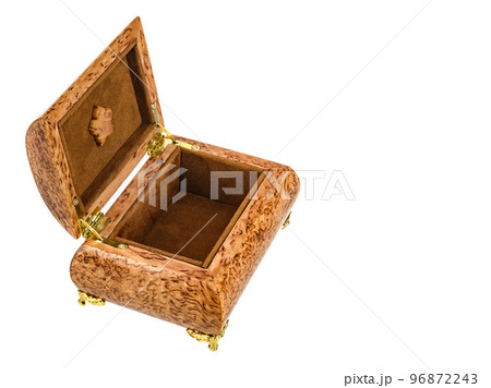 Empty Open wooden jewelry box with velvet lining and vintage accessories and Clipping Pathon white background. used for storing small things, Luxury packaging for anything. Empty Open wooden jewelry box with velvet lining and vintage accessories and Clipping Pathon white background. used for storing small things, Luxury packaging for anything. 96872243