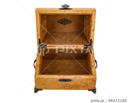 Empty Open wooden jewelry box with velvet lining and vintage accessories and Clipping Pathon white background. used for storing small things, Luxury packaging for anything. 96872286