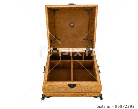 Empty Open wooden jewelry box with velvet lining and vintage accessories and Clipping Pathon white background. used for storing small things, Luxury packaging for anything. 96872298