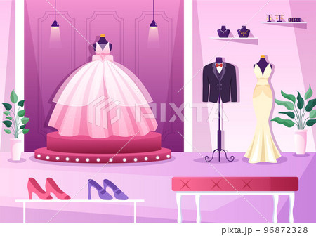 Wedding Shop with Jewelry, Beautiful Bride Gowns and Accessories Suitable for Poster in Flat Cartoon Hand Drawn Template Illustration Wedding Shop with Jewelry, Beautiful Bride Gowns and Accessories Suitable for Poster in Flat Cartoon Hand Drawn Template Illustration 96872328
