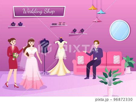 Wedding Shop with Jewelry, Beautiful Bride Gowns and Accessories Suitable for Poster in Flat Cartoon Hand Drawn Template Illustration Wedding Shop with Jewelry, Beautiful Bride Gowns and Accessories Suitable for Poster in Flat Cartoon Hand Drawn Template Illustration 96872330