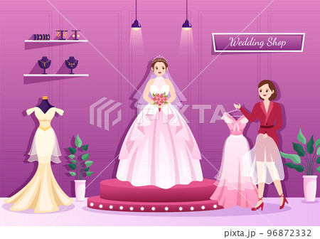 Wedding Shop with Jewelry, Beautiful Bride Gowns and Accessories Suitable for Poster in Flat Cartoon Hand Drawn Template Illustration Wedding Shop with Jewelry, Beautiful Bride Gowns and Accessories Suitable for Poster in Flat Cartoon Hand Drawn Template Illustration 96872332