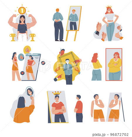 People looking at themselves in mirrors vector People looking at themselves in mirrors vector 96872702