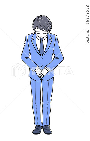 手を組んでお辞儀するスーツの若い男性(全身・シンプル) 手を組んでお辞儀するスーツの若い男性(全身・シンプル) 96873553