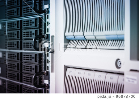 Row of hard disks used for data storage in internet data center Row of hard disks used for data storage in internet data center 96873700