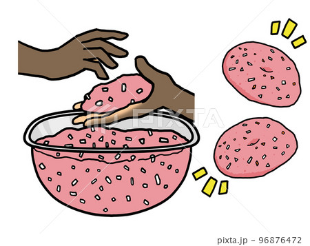 ハンバーグのタネを成形するイラスト（黒人の手） 96876472