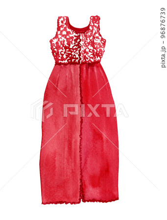 Red sundress with lace yoke. Watercolor isolated illustration of a summer dress Red sundress with lace yoke. Watercolor isolated illustration of a summer dress 96876739