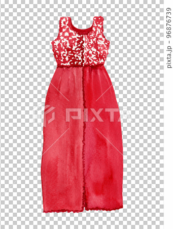 Red sundress with lace yoke. Watercolor isolated illustration of a summer dress Red sundress with lace yoke. Watercolor isolated illustration of a summer dress 96876739