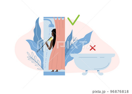Woman is reducing usage of water by showering short time Woman is reducing usage of water by showering short time 96876818