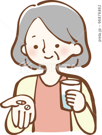 薬を服用するシニア女性　イラスト 96876862