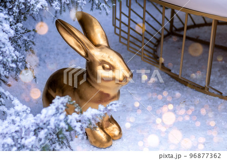 The golden rabbit is a symbol of the Chinese New Year at the Christmas tree covered with snow outdoors on a clear winter day. Happy New Year 2023. Postcard. Copy space 96877362