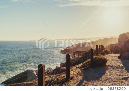 Encounter Bay coastline viewed from Granite Island at sunset 96878290