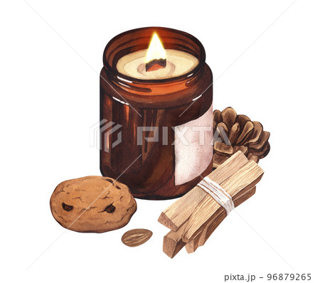 Watercolor set christmas candle brown glass with pine cone, cookie, Palo Santo smoke sticks. Hand painted Illustration composition great for greeting cards, backgrounds, holiday decor 96879265