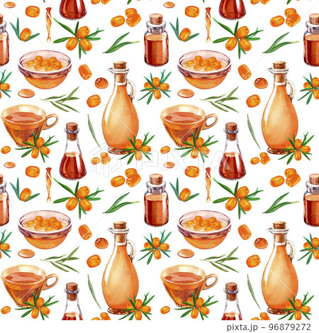 Aquarelle watercolor seamless pattern with sea buckthorn, tea, bottle oil and cosmetics materials. Perfect for background, texture, wrapper pattern, wallpaper, frame or border. Aquarelle watercolor seamless pattern with sea buckthorn, tea, bottle oil and cosmetics materials. Perfect for background, texture, wrapper pattern, wallpaper, frame or border. 96879272