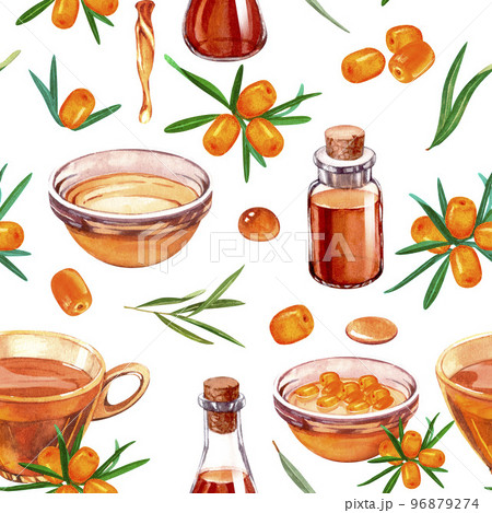 Aquarelle watercolor seamless pattern with sea buckthorn, bottle oil and cosmetics materials. Perfect for background, texture, wrapper pattern, wallpaper, frame or border. Aquarelle watercolor seamless pattern with sea buckthorn, bottle oil and cosmetics materials. Perfect for background, texture, wrapper pattern, wallpaper, frame or border. 96879274