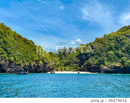 Ton Sai Beach from the long tail boat in Koh Phi Phi, Krabi Thailand Ton Sai Beach from the long tail boat in Koh Phi Phi, Krabi Thailand 96879626