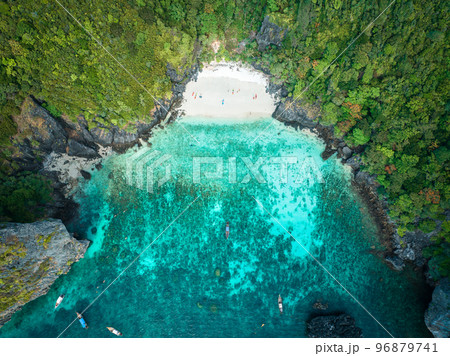 Aerial view of Nui beach in koh Phi Phi Don island, in Krabi, Thailand Aerial view of Nui beach in koh Phi Phi Don island, in Krabi, Thailand 96879741