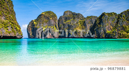 Maya Bay from the beach, in koh Phi Phi, Krabi, Thailand Maya Bay from the beach, in koh Phi Phi, Krabi, Thailand 96879881