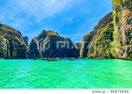 Maya Bay from the long tail boat, in koh Phi Phi, Krabi, Thailand 96879898