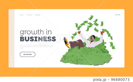 Growth in Business Landing Page Template. Rich Male Character Swimming in Huge Pile of Dollars. Successful Businessman 96880073