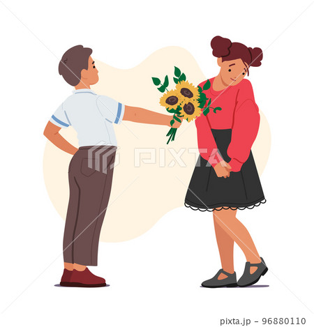 Child Boy Giving Flowers to Girl Friend. Little Kid Character Presenting Blossoms for Birthday Holiday Celebration 96880110