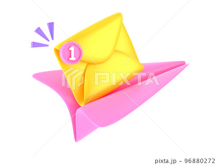 Paper airplane with mail envelope and notification icon 3d render. Send email or message in social media, subscribe to newsletter. Isolated cartoon flying plane with letter and notice. 3D illustration 96880272