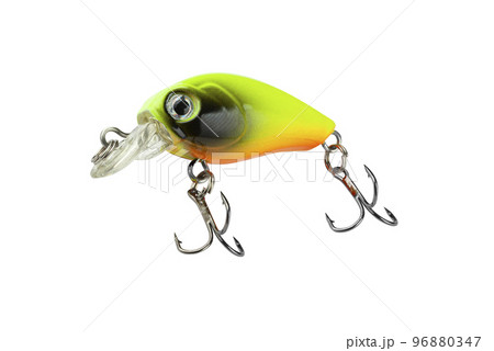 Wobbler isolated on a white background. Fishing lure for fishing. Plastic fish with hooks. Spinning bait. With Clipping Path Wobbler isolated on a white background. Fishing lure for fishing. Plastic fish with hooks. Spinning bait. With Clipping Path 96880347