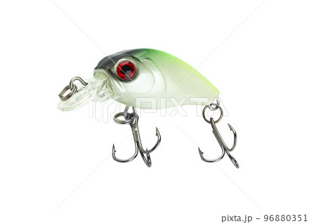 Wobbler isolated on a white background. Fishing lure for fishing. Plastic fish with hooks. Spinning bait. With Clipping Path Wobbler isolated on a white background. Fishing lure for fishing. Plastic fish with hooks. Spinning bait. With Clipping Path 96880351