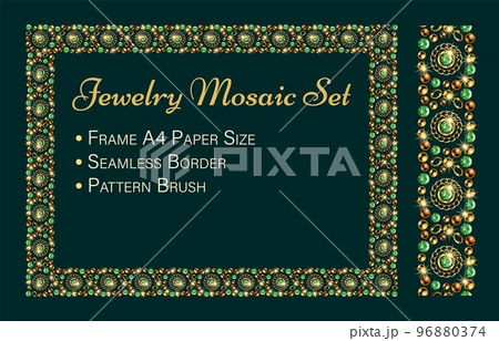 Jewelry set with rectangular mosaic frame, seamless border, pattern brush. Gold, bronze elements, green gems. Can be used for poster, invitation, greeting card, menu etc Vintage style Jewelry set with rectangular mosaic frame, seamless border, pattern brush. Gold, bronze elements, green gems. Can be used for poster, invitation, greeting card, menu etc Vintage style 96880374