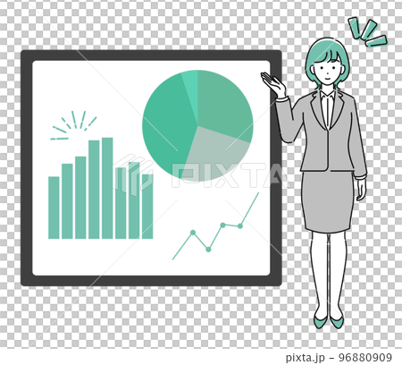在演示文稿中顯示和解釋圖表的商務人士的插圖材料 96880909