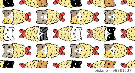 cat seamless pattern tempura kitten vector calico japan food shrimp breed neko cartoon character pet tile background gift wrapping paper repeat wallpaper scarf isolated illustration doodle design 96881337