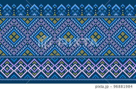 Geometric ethnic pattern, Vector embroidery ornamental background, Pixel cross stitch triangle style 96881984