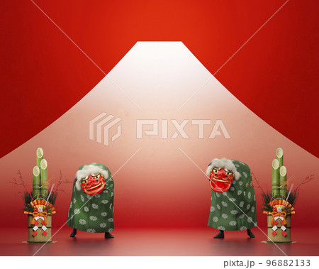 赤い背景に置かれた門松と獅子舞 / 初売り・新春セール用背景素材 / 3Dレンダリング 96882133