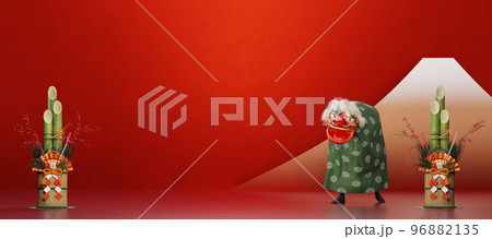 赤い背景に置かれた門松と獅子舞 / 初売り・新春セール用背景素材 / 3Dレンダリング 96882135
