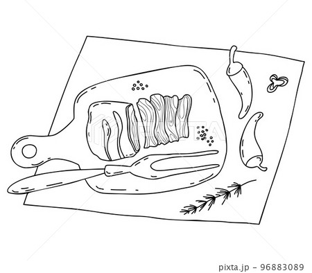 Mexican grilled meat food. Carne Asada Grilled beef, meat pieces on kitchen board with chili peppers and large fork. Vector linear drawing in doodle style of Latin American national dish. Mexican grilled meat food. Carne Asada Grilled beef, meat pieces on kitchen board with chili peppers and large fork. Vector linear drawing in doodle style of Latin American national dish. 96883089