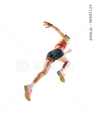 Back view. Sportive muscled woman, professional runner running away isolated on white background. Sport, fitness, competition, speed and ad Back view. Sportive muscled woman, professional runner running away isolated on white background. Sport, fitness, competition, speed and ad 96883124