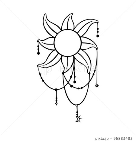 Tarot sun sketch. Boho tarot sun element with moon and stars pendants. Vector illustration 96883482