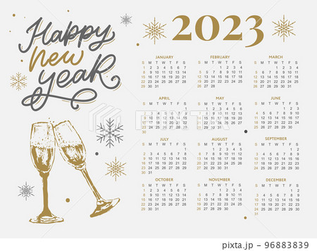 2023 Calendar year vector illustration. The week starts on Sunday. Christmas snowflakes calendar 2023 template. Calendar design Sunday in red colors. Vector 96883839