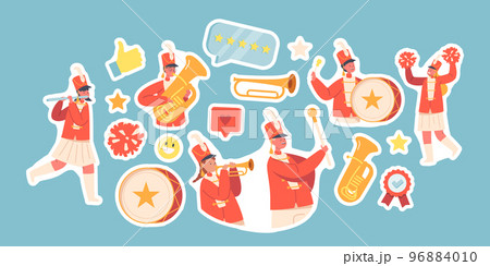 Set of Stickers Kids Band In Red Uniform Marching on Parade. Girls And Boys Play Music With Drum, Brass Horn, Flute 96884010