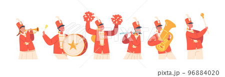 Victory Parade with Children Musician Characters Marching. Military Orchestra Playing Musical Instruments Flute, Drum 96884020