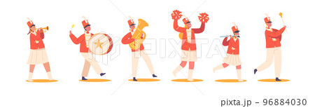 Kids Band In Red Uniform Marching on Parade. Happy Girls And Boys Play Festival Music With Drum, Brass Horn, Flute Kids Band In Red Uniform Marching on Parade. Happy Girls And Boys Play Festival Music With Drum, Brass Horn, Flute 96884030