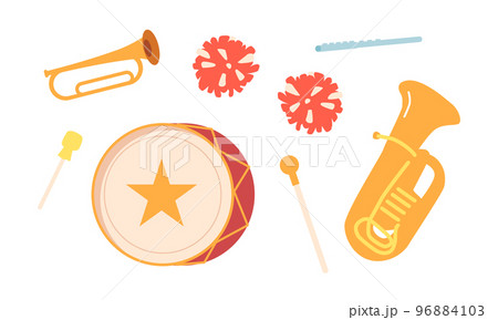 Set of Music Instruments for Orchestra. Horn, Tuba, Drum and Flute with Pompons and Conductor Stick Isolated on White 96884103